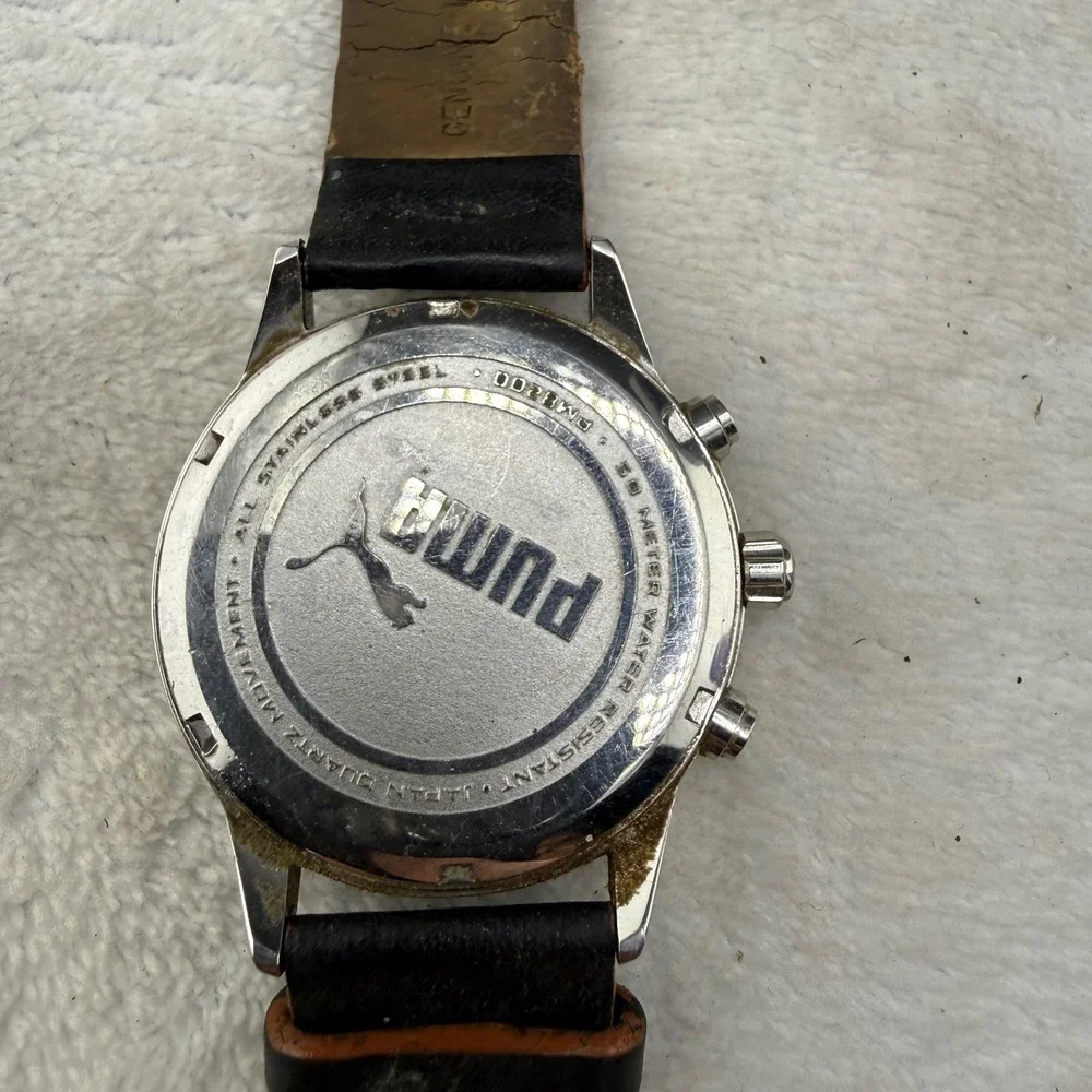 Puma Chronograph Watch Black Silver Leather Strap Date Sport Mens 7.5in